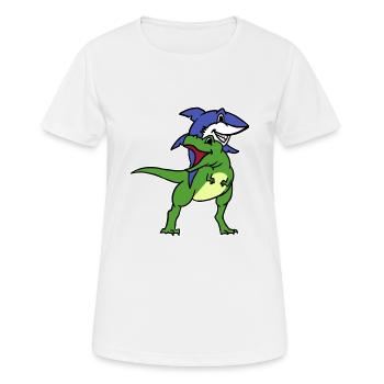 Lustige Hai Reiten T-Rex Dinosaurier Grafik Neuheit - Frauen T-Shirt atmungsaktiv - Weiß - Vorne - AI Model Female 172 dark (172cm)