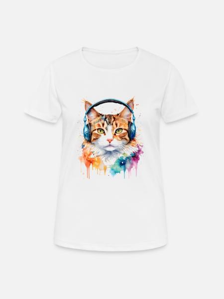 Cat Headphones Colorful Funny Animal Design Print - Women's Breathable T-Shirt - white