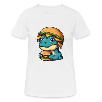 Satisfied Dino T-Rex with Hamburger Cheeseburger - Women's Breathable T-Shirt - white - Front - AI Model Female 172 dark (172cm)