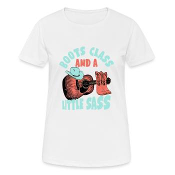 Des bottes, de la classe et un peu d’audace dans le pays de l’Ouest Mu - T-shirt respirant Femme - blanc - Devant - AI Model Female 172 dark (172cm)