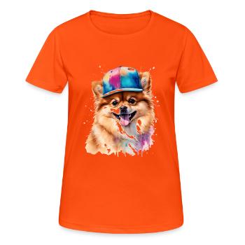 Pomeranian Pomeranian Snapback Cap Dog Print - Women's Breathable T-Shirt - neon orange - Front - AI Model Female 172 dark (172cm)