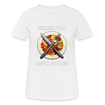 Speiseteller TELLER VOLL BAUCH BRUMMT - Frauen T-Shirt atmungsaktiv - Weiß - Vorne - AI Model Female 172 dark (172cm)