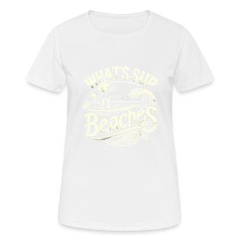 Was ist SUP Strände - Frauen T-Shirt atmungsaktiv - Weiß - Vorne - AI Model Female 172 dark (172cm)