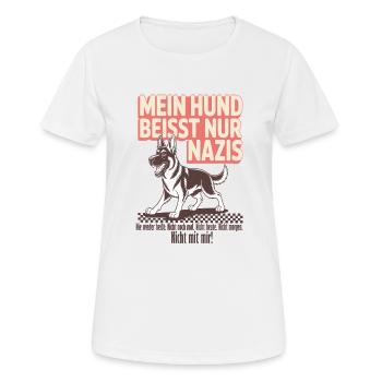 Mein Schaeferhund beisst nur Nazis - Frauen T-Shirt atmungsaktiv - Weiß - Vorne - AI Model Female 172 dark (172cm)