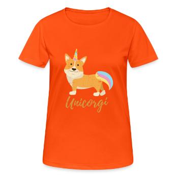 Unicorgi - Unicorn and Corgi Distressed Mashup - Women's Breathable T-Shirt - neon orange - Front - AI Model Female 172 dark (172cm)