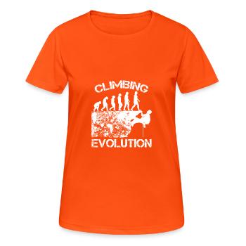 Cadeau de grimpeur · Evolution - T-shirt respirant Femme - orange néon - Devant - AI Model Female 172 dark (172cm)