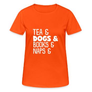 Hundeshirt Tea, Dogs, Books, Naps - Frauen T-Shirt atmungsaktiv - Neonorange - Vorne - AI Model Female 172 dark (172cm)