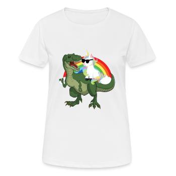 Einhorn reitet auf Dinosaurier Regenbogen - Frauen T-Shirt atmungsaktiv - Weiß - Vorne - AI Model Female 172 dark (172cm)