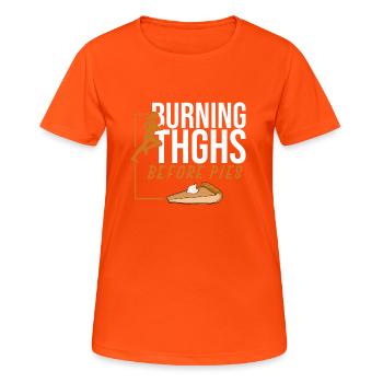 Running Burning Thighs Before Pies Funny Runner - T-shirt respirant Femme - orange néon - Devant - AI Model Female 172 dark (172cm)