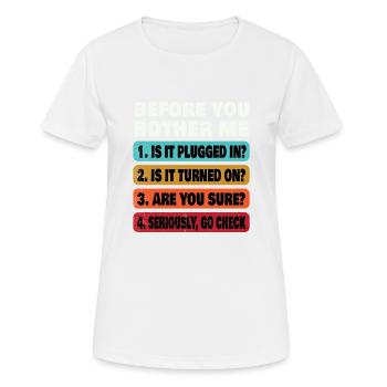 Drôle de technologie de l'information | Supp technique - T-shirt respirant Femme - blanc - Devant - AI Model Female 172 dark (172cm)