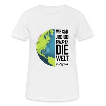 Klima. Wir sind jung und brauchen die Welt - Frauen T-Shirt atmungsaktiv - Weiß - Vorne - AI Model Female 172 dark (172cm)