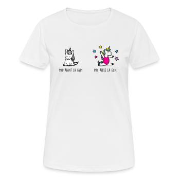 Moi avant et après la gymnastique humour licorne - T-shirt respirant Femme - blanc - Devant - AI Model Female 172 dark (172cm)