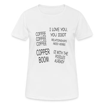 Coffee Coffee Coffee, Cooper Boom, Sticker Pack - Frauen T-Shirt atmungsaktiv - Weiß - Vorne - AI Model Female 172 dark (172cm)