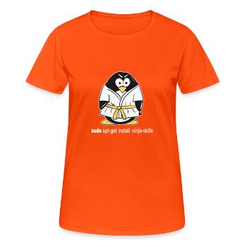 Linux Pinguin installiert seine Ninja Skills mit - Frauen T-Shirt atmungsaktiv - Neonorange - Vorne - AI Model Female 172 dark (172cm)