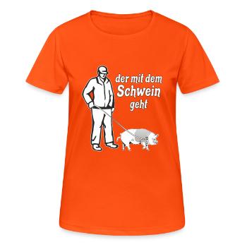 DER MIT DEM SCHWEIN GEHT - Frauen T-Shirt atmungsaktiv - Neonorange - Vorne - AI Model Female 172 dark (172cm)
