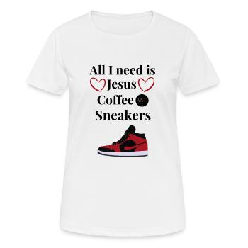 I just need Jesus, trainer and perfume - Women's Breathable T-Shirt - white - Front - AI Model Female 172 dark (172cm)