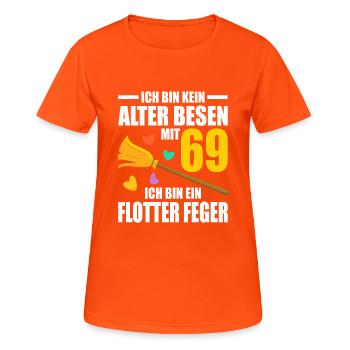 Alter Besen Junger Feger 69 Jahre 69. Geburtstag - Frauen T-Shirt atmungsaktiv - Neonorange - Vorne - AI Model Female 172 dark (172cm)