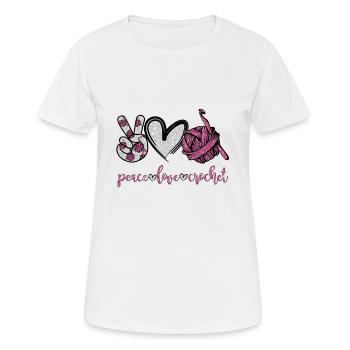 Peace Love Crochet Funny Crocheting T Shirt - Frauen T-Shirt atmungsaktiv - Weiß - Vorne - AI Model Female 172 dark (172cm)