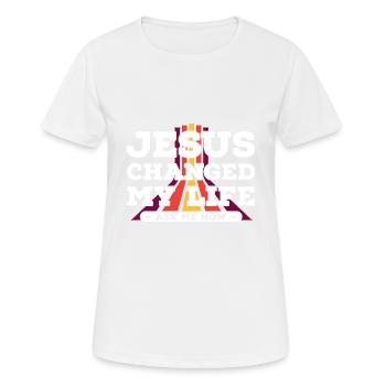 Jesus hat mein Leben verändert, frag mich wie bei Vintage - Frauen T-Shirt atmungsaktiv - Weiß - Vorne - AI Model Female 172 dark (172cm)