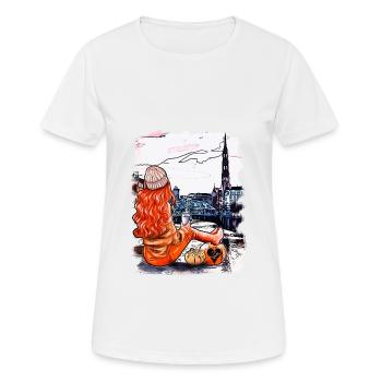 Hamburg skyline with woman in autumn look - Women's Breathable T-Shirt - white - Front - AI Model Female 172 dark (172cm)
