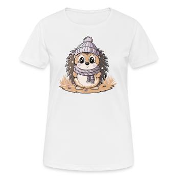 Cute hedgehog with scarf and bobble hat. - Women's Breathable T-Shirt - white - Front - AI Model Female 172 dark (172cm)