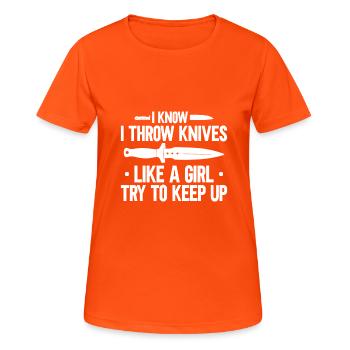 Messerwurfscheibe Geschenk Messerwerfer - Frauen T-Shirt atmungsaktiv - Neonorange - Vorne - AI Model Female 172 dark (172cm)