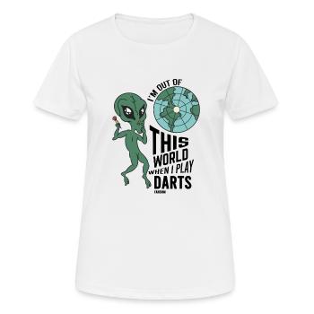 Ausserirdisches Lebewesen dartet Dartpfeil - Frauen T-Shirt atmungsaktiv - Weiß - Vorne - AI Model Female 172 dark (172cm)
