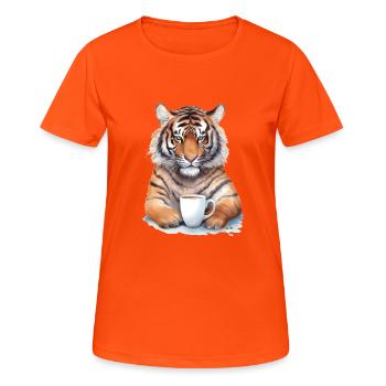 Tiger with coffee watercolor style - Women's Breathable T-Shirt - neon orange - Front - AI Model Female 172 dark (172cm)