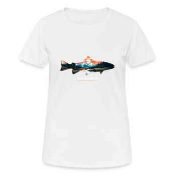 Fliegenfischen auf Forellen: Der zeitlose - Frauen T-Shirt atmungsaktiv - Weiß - Vorne - AI Model Female 172 dark (172cm)