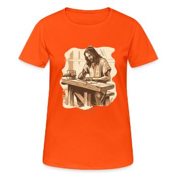 Jesus Josef: Der urprüngliche Zimmermann - Frauen T-Shirt atmungsaktiv - Neonorange - Vorne - AI Model Female 172 dark (172cm)