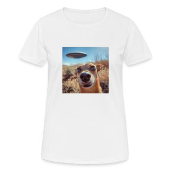 Dog Selfie with UFOs, Weird Print - Women's Breathable T-Shirt - white - Front - AI Model Female 172 dark (172cm)