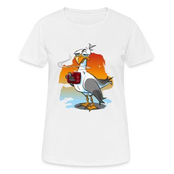 Lustige Möwe mit Kaffeetasse, Moewe - Frauen T-Shirt atmungsaktiv - Weiß - Vorne - AI Model Female 172 dark (172cm)