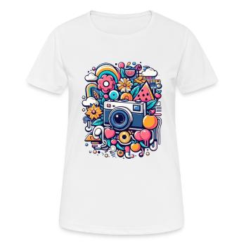 Bunte Collage mit Kamera - Frauen T-Shirt atmungsaktiv - Weiß - Vorne - AI Model Female 172 dark (172cm)