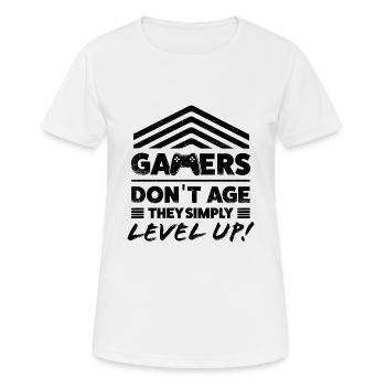 "Gamers don´t age they level up!" Zocker Shirt - Frauen T-Shirt atmungsaktiv - Weiß - Vorne - AI Model Female 172 dark (172cm)