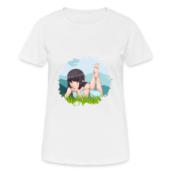 Anime Girl in the grass of nature with mountains - Women's Breathable T-Shirt - white - Front - AI Model Female 172 dark (172cm)