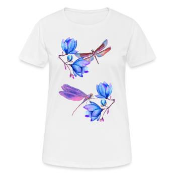 Dragonflies flying between blue flowers - Women's Breathable T-Shirt - white - Front - AI Model Female 172 dark (172cm)