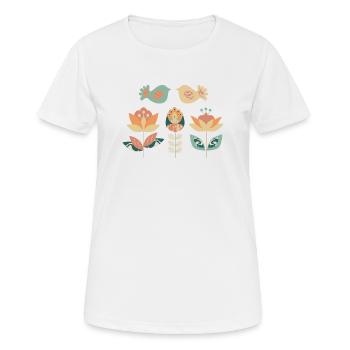 Illustration, paire d’oiseaux avec des fleurs abstrait - T-shirt respirant Femme - blanc - Devant - AI Model Female 172 dark (172cm)