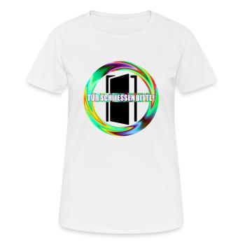 Tuer schliessen bitte | Tür schließen bitte - Frauen T-Shirt atmungsaktiv - Weiß - Vorne - AI Model Female 172 dark (172cm)