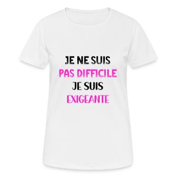 Je ne suis pas difficile je suis exigeante PNK BLK - T-shirt respirant Femme - blanc - Devant - AI Model Female 172 dark (172cm)