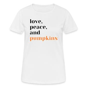 Love, Peace and Pumpkins Funny Halloween Saying - Women's Breathable T-Shirt - white - Front - AI Model Female 172 dark (172cm)