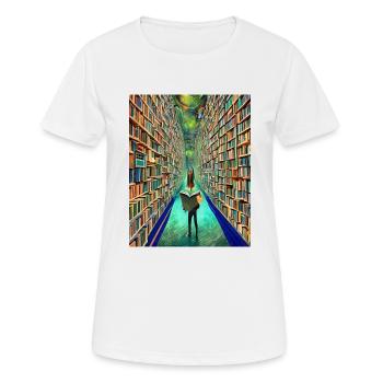 "Die Bücherei der Zeit" - Frauen T-Shirt atmungsaktiv - Weiß - Vorne - AI Model Female 172 dark (172cm)