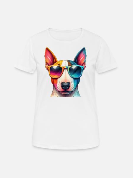 Bull Terrier coloré portant des lunettes de soleil - T-shirt respirant Femme - blanc