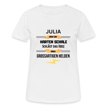 Julia unter harte Schale eines Großartigen Helden - Frauen T-Shirt atmungsaktiv - Weiß - Vorne - AI Model Female 172 dark (172cm)