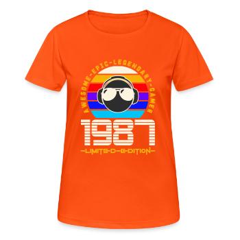 1987 - Frauen T-Shirt atmungsaktiv - Neonorange - Vorne - AI Model Female 172 dark (172cm)