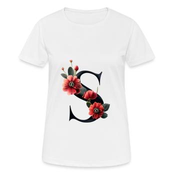 S In schwarz, mit roter Blume - Frauen T-Shirt atmungsaktiv - Weiß - Vorne - AI Model Female 172 dark (172cm)