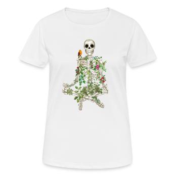 YOGA MEDITATION SKELETT – SKELETT UND BLUMEN - Frauen T-Shirt atmungsaktiv - Weiß - Vorne - AI Model Female 172 dark (172cm)
