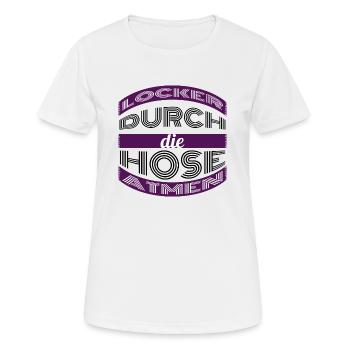 Locker durch die Hose atmen - Frauen T-Shirt atmungsaktiv - Weiß - Vorne - AI Model Female 172 dark (172cm)