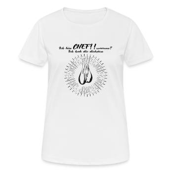 Ich bin Chef Eier Hoden Sprüche - Frauen T-Shirt atmungsaktiv - Weiß - Vorne - AI Model Female 172 dark (172cm)