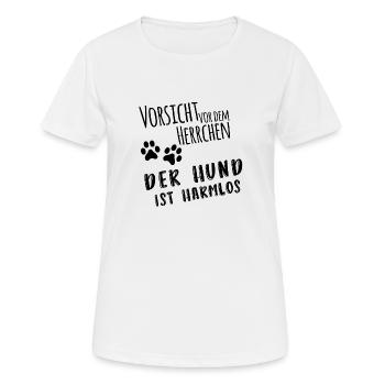 Vorsicht vor dem Herrchen der Hund ist harmlos - Frauen T-Shirt atmungsaktiv - Weiß - Vorne - AI Model Female 172 dark (172cm)