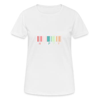 Code-barres « Happy » - T-shirt respirant Femme - blanc - Devant - AI Model Female 172 dark (172cm)